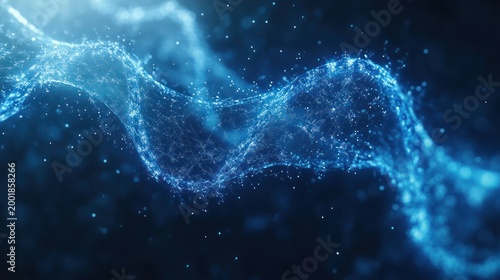 Abstract digital flowing lines, blue particles, dark background