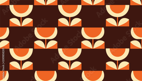 Bold geometric pattern of stylized flowers in retro colors on brown background vector illustration