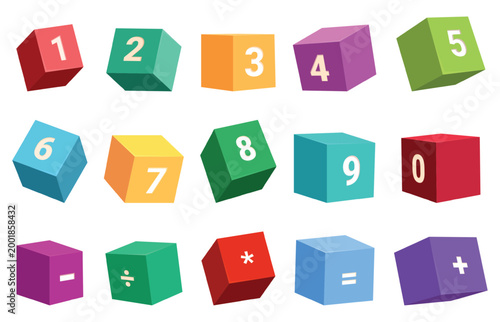 Children cubes with numbers. Plastic toys for mathematic play, teaching toddlers counting. Decorative colorful 3d shapes with math symbols, sapid vector clipart