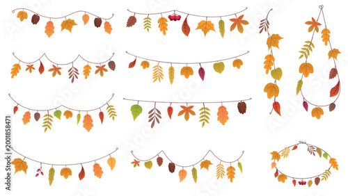 Autumn leaves garlands. Seasonal fall holidays decorations. Dried leaf hanging on rope. Tree elements ornaments, nature decora design, sapid vector set