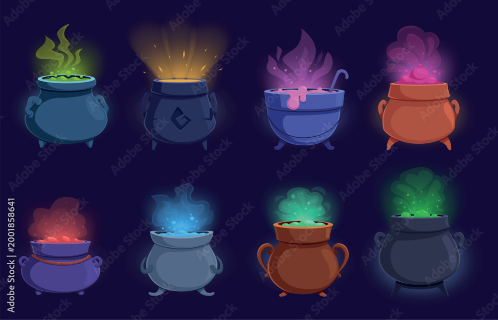 Naklejka premium Cartoon witch cauldrons. Boiling cauldron with poison, magic potion. Magician fog or steam, clouds of smoke over fantasy soup in pot, halloween sapid vector elements