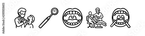 Set of dental care icons featuring a dentist, patient, tools, and open mouth in a minimalist line art style. Perfect for healthcare, medical, and stomatology designs.