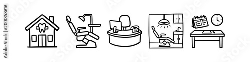 Hand-drawn dental clinic icons featuring a clinic building, dental chair, reception desk, surgery room, and appointment desk in a minimalist black and white doodle style.