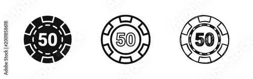Fifty Value Casino Poker Chip Icon Set - Gambling and Betting Symbol