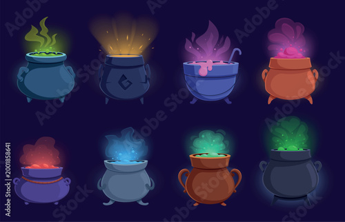 Cartoon witch cauldrons. Boiling cauldron with poison, magic potion. Magician fog or steam, clouds of smoke over fantasy soup in pot, halloween sapid vector elements