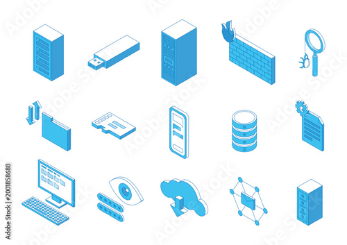 Isometric line it technologies icons. Cloud infrastructure, data center storages, servers and hosting safety. Big data technology, cybersecurity nifty vector elements