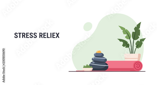 Canvastavla An aesthetic banner for stress relief featuring a rolled pink yoga mat, balanced basalt stones, and a lush green plant on a soft background