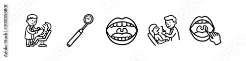 Set of minimalist line icons illustrating dental and throat examinations, featuring doctors, patients, dental mirrors, and oral cavity visuals for healthcare and medical designs.