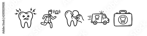 Set of hand-drawn emergency dental care icons featuring a painful tooth, a running dentist, a broken molar, a dental ambulance, and a medical kit. Ideal for dental clinic graphics.