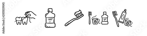 Dental hygiene doodle icon set with toothbrush, toothpaste, floss, and mouthwash. Hand-drawn line art illustrations for oral health, daily routine, and dentistry.