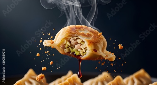Steaming hot dumplings with savory sauce dripping in mid air