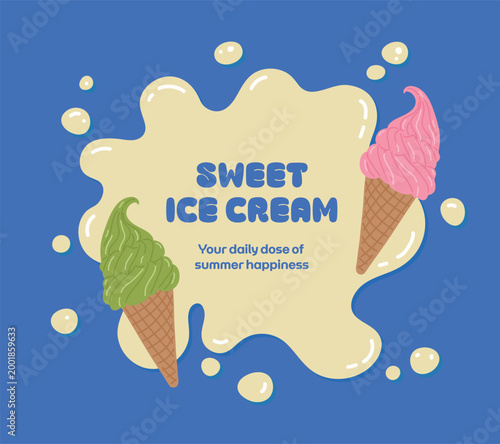 Sweet Ice Cream summer promotion banner design. Vector illustration with soft serve ice cream cones and melting frame on blue background. Fresh seasonal template for dessert cafe and event.