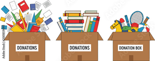 Donation Boxes Collection with Books, School Supplies, Sports Equipment, and Charity Items for Community Support and Volunteering Illustration