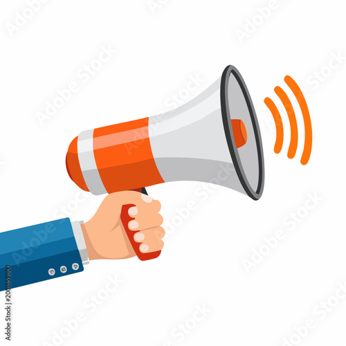 A hand holding a megaphone with sound waves