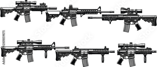 Detailed Tactical Rifle and Modern Military Firearm Illustration Set Featuring Various Scopes, Rail Attachments, and Modular Carbine Configurations