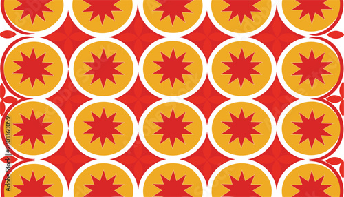 Retro geometric seamless pattern vector illustration with orange and red circular star motifs