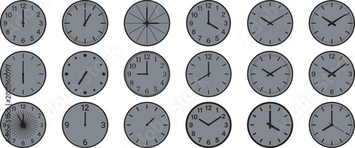 Tableau sur toile Black silhouette vector illustration of circular clock faces showing different t