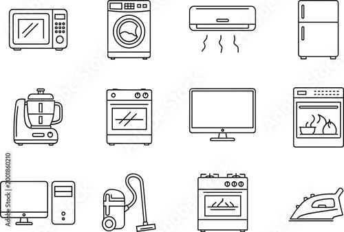 Modern Household Appliance and Consumer Electronic Icon Set Featuring Kitchen Essentials, Laundry Equipment, and Home Technology Line Art Outlines