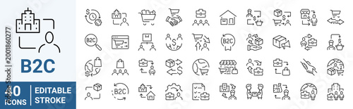 Set of 40 outline icons related to B2C. Customer feedback, loyal customer, direct marketing, mobile payment, social media marketing Linear icon collection. Editable stroke. Vector illustration.