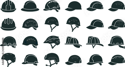 Black silhouette vector illustration of diverse protective helmets including construction, military, firefighter, cycling