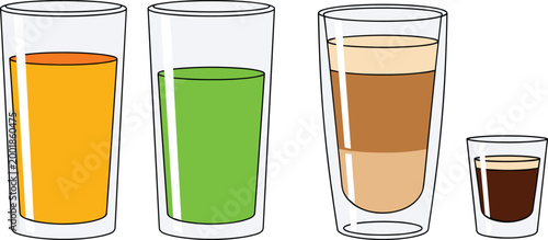 Glass Beverage Set with Juice Smoothie Coffee and Espresso in Transparent Cups for Cafe Menu, Drink Illustration, and Refreshment Concept Design