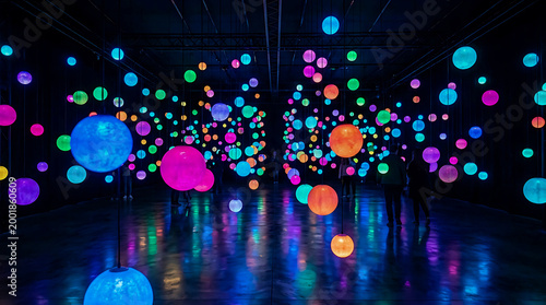 An immersive art installation in a dark room with numerous multi-colored hanging spherical lights reflecting on a polished floor. Ideal for event coverage.