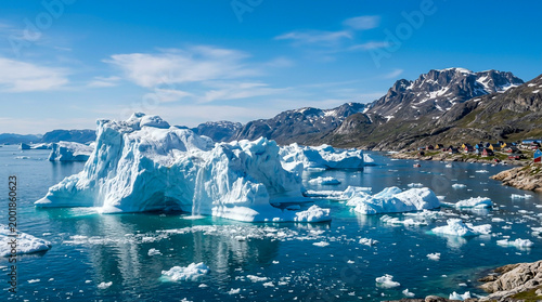 A coastal landscape in Greenland featuring a massive iceberg with a waterfall, ice floes, snow-capped mountains, and a village of colorful houses. Ideal for travel.