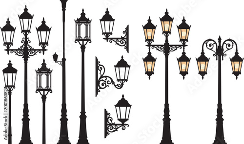 Black silhouette vector illustration of ornate vintage street lamps and lanterns with decorative scrollwork