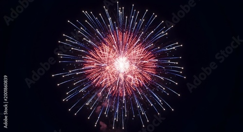 Vibrant red and blue fireworks exploding in night sky on 4th of July celebration with American theme