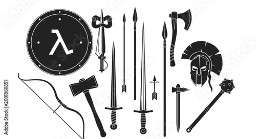 Photos Ancient Greek Weapons and Armor Collection Displayed.