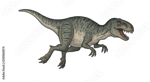 A realistic dinosaur toy in a running pose on a white background.