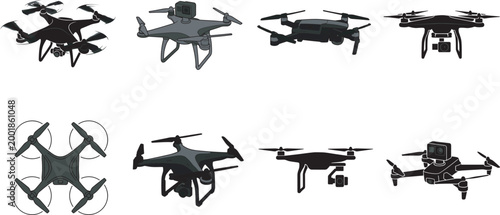 Black silhouette vector illustration of quadcopter drones with four propellers and cameras