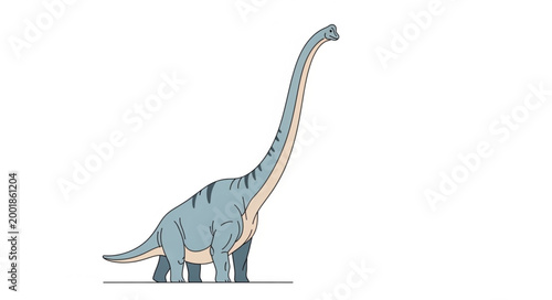 A long necked dinosaur with blue and grey stripes.