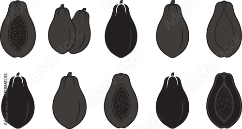 Detailed black and white flat vector illustration collection of papaya fruit silhouettes featuring whole fruits,
