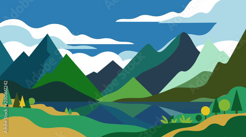 A stylized illustration of mountains and landscape.