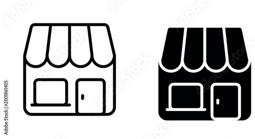 Storefront icon with awning and door in outline and solid style for retail business