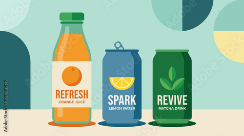 Colorful illustration of refreshing beverage bottles and cans on a table.