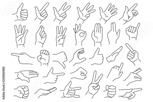 Hand gesture icons set, finger signs symbols with pointing thumbs peace victory ok handshake heart communication outline vector illustration isolated on transparent background