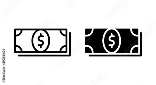Dollar banknote icon set in outline and solid style for money, cash and finance concept