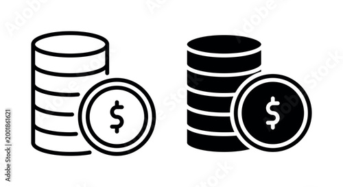 Stack of dollar coins icon set in outline and solid style for banking and finance concept