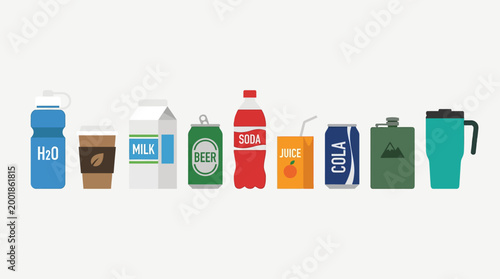 Assorted colorful beverage containers and bottles.