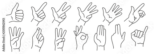 Hand gesture icons set, finger signs symbols with pointing thumbs peace victory ok handshake heart communication outline vector illustration isolated on transparent background