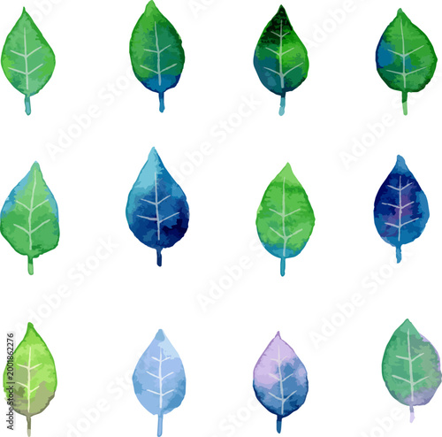 木の葉によるカラフルな素材セット　水彩画