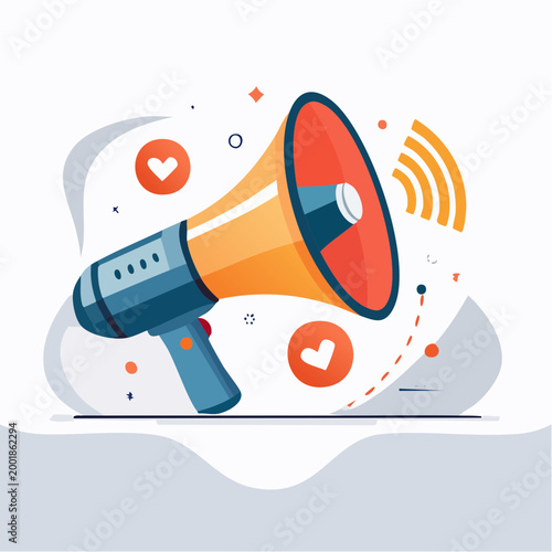 A loudspeaker emits sound waves with social media icons nearby indoors.