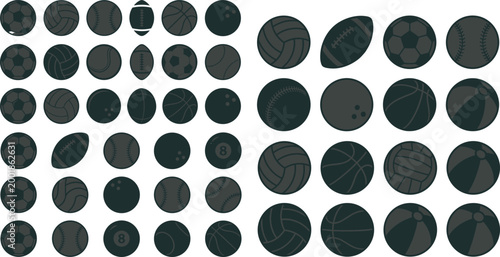 Detailed black and white flat vector illustration collection of various sports ball silhouettes including soccer,