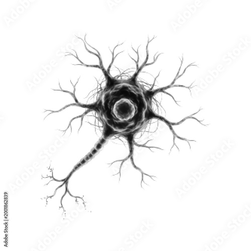 Halftone neuron cell in black, dotted nerve cell illustration on light background, minimal neuroscience graphic, brain and neural network concept.