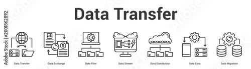Data Transfer web banner icon set vector illustration concept for business with icon of Data Transfer, Data Exchange, Data Flow, Data Stream, Data Distribution, Data Sy.