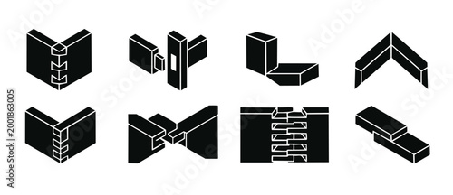 Woodworking Joinery Joints Icons Set: Dovetail, Mortise, Tenon, Miter, and Butt Joints for Carpentry Projects, Architectural Construction, and Furniture Making Manual Diagrams Vector Illustration Desi
