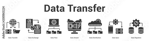 Data Transfer web banner icon set vector illustration concept for business with icon of Data Transfer, Data Exchange, Data Flow, Data Stream, Data Distribution, Data Sy.
