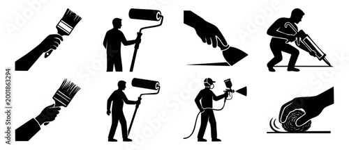 Home Renovation Tools and Worker Icons Set: Painting, Plastering, and Maintenance Service Symbols for Construction Professional Projects, Black Silhouette Vector Illustrations on White Background Isol